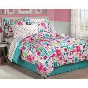   Retro Peace Signs Turquoise Pink Girls Comforter Set