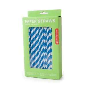Kikkerland Biodegradable Paper Straws, Blue and White Striped, Box of 