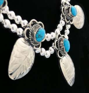 Pointed Feather Turquoise 5 Stone Necklace   Mexican Silver  