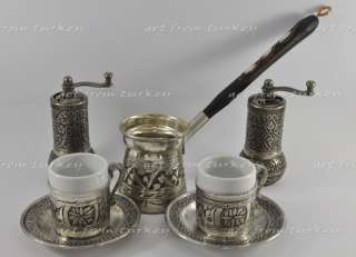   Turkish Coffee Set Handmade Crafted Copper Cup Pot Grinder & Porcelain
