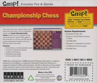 CHAMPIONSHIP CHESS Snap Chessmaster Type PC Game NEW  