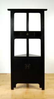 BLACK LACQUER ELM WOOD CORNER CABINET Display Shelf  