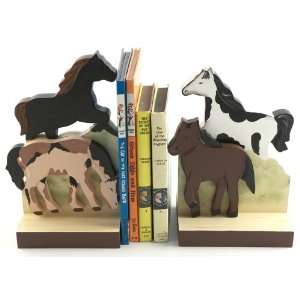  Horses Pony Childrens Hand Painted Wood Bookends