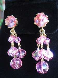 Vtg Pink AB 3 Strand Crystal Drop Glass Beads Earrings  