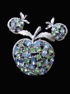 Beautiful Vintage CORO signed Apple Rhinestone Pin & Earrings, silver 