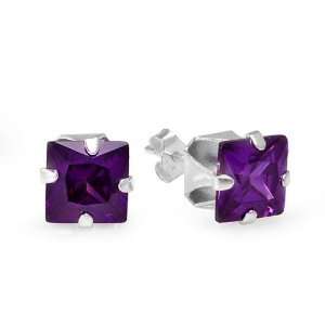 Sterling Silver 4mm Amethyst Purple CZ Cubic Zirconia Square Stud 