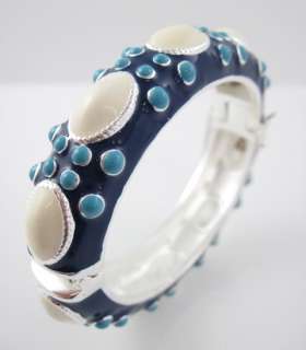 DESIGNER Silver Tone Blue Cream Enamel Bangle Bracelet  