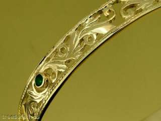 G02E WIDE 9ct SOLID Gold Natural EMERALD Ornate BANGLE  