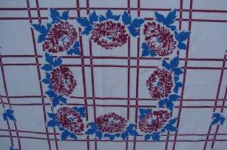 FABULOUS 1950s DARK PINK & BLUE FLORAL PRINT TABLECLOTH  