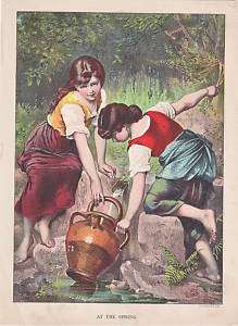 GIRLS GETTING WATER AT NATURAL SPRING ANTIQUE LITHO  