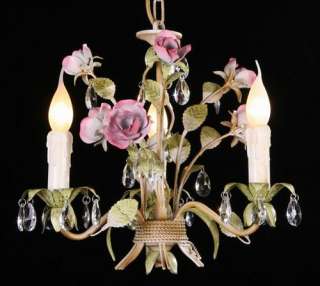 FRENCH DECOR PINK ROSES CRYSTALS TOLE CHANDELIER NEW  
