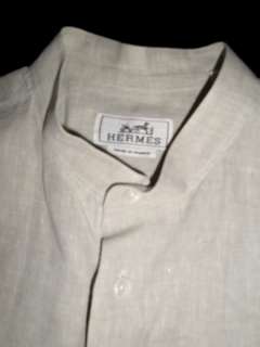Hermes Beige Linen Button Down Shirt 39   15.5 Embroidered H on Sleeve 