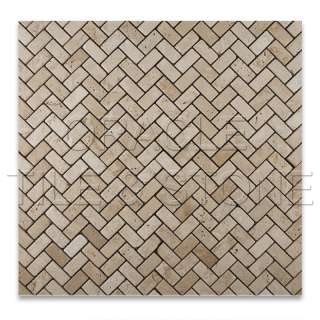 Ivory Travertine Tumbled Herringbone Mosaic Tile Mesh  