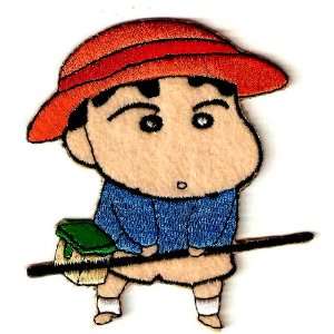 CRAYON SHIN CHAN w fishing pole hat Embroidered Iron On / Sew On Patch 