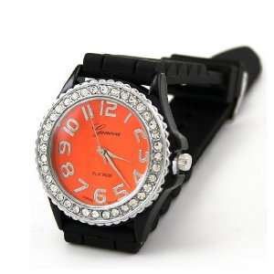  Black Geneva Crystal Accented Silicone Watch with Orange 