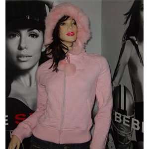  Bebe Sport French Terry Fur Trim Jacket in Pink   Size 