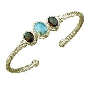   Silver Green CZ With Oval Design Cable Bangle Bracelet. FREE GIFT BOX