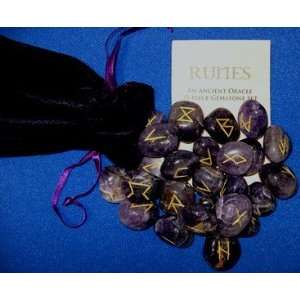  Amethyst Gemstone Runes with Engraved Lettering and Pouch 