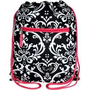  Black & White Damask Print Drawstring Backpack with Hot 