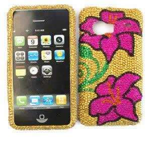  Rhinestone / Bling 2 Pink Flowers on Gold HARD PROTECTOR COVER CASE