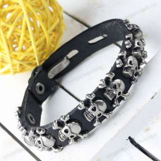 Mens Black Leather Skull Studs Belt Bracelet Cuff Wristband 7.5L 