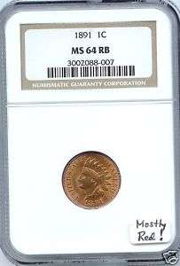 1891 Indian Head Cent NGC MS 64 RB Mostly Red  