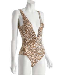 Diane Von Furstenberg golden brown leaf knotted deep v neck swimsuit 