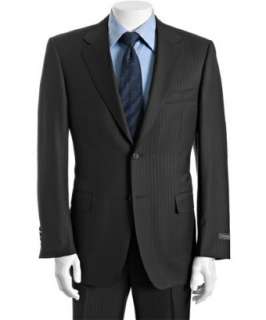 Canali charcoal striped 2 button suit with flat front pants   
