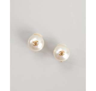 Chanel gold faux pearl logo clip on earrings