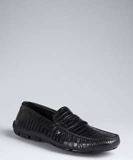 Prada black croc embossed leather penny loafers