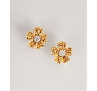 Kenneth Jay Lane brown topaz and gold flower clip on earrings