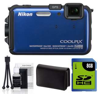 NIKON Coolpix AW100 WATER/SHOCK PROOF Digital BLUE +8GB Kit+3 YR 