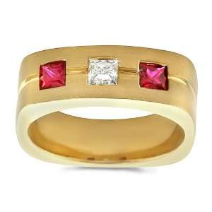 Mens Diamond Ring   Mens Trio Ruby/Diamond Ring in 18k Yellow Gold 