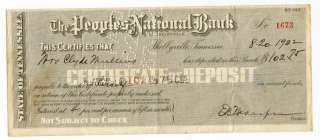 1932 Peoples National Bank Check Shelbyville Tennessee  