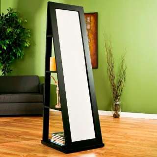 Contemporary Blk Swivel Floor Mirror w/Storage Shelves  