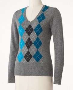 New Womens 100% CASHMERE V Neck Sweater Gray Argyle  