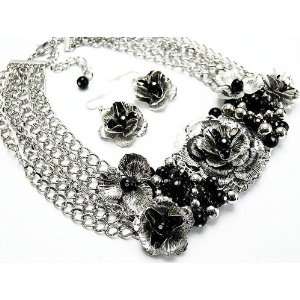   Black Pearl 6 Stranded Bib Necklace and Flower Earrings Set Comes Gift