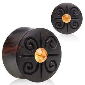 Double Flared Aarang Wood Saddle Ear Plugs With Spiral Designs w/ Gem 