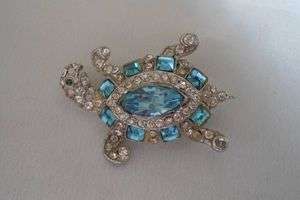 Sparkly Vintage Blue Rhinestone Turtle Brooch Pin  