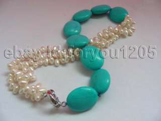 Genuine Natural White Baroque Pearl Turquoise Necklace  