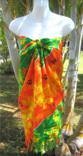 Sarong Green/Orange Turtle/ Floral Coverup Wrap Dress  
