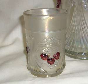 ANTIQUE RARE DUGAN WHITE CARNIVAL GLASS WREATHED CHERRY WATER TUMBLER 