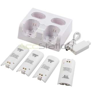 For Wii Dual Charger Charging Station Remote+4 Battery Pack+2x White 